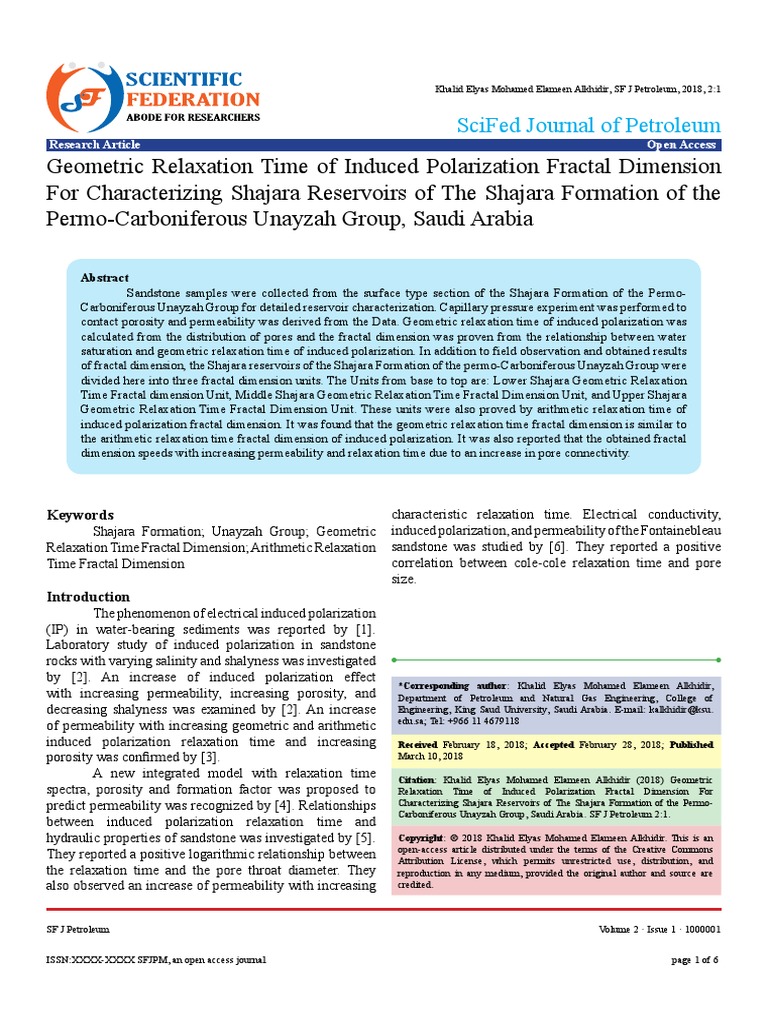 Geometric Relaxation Time Of Induced Polarization Fractal Dimension For Characterizing Shajara Reservoirs Of The Shajara Formation Of The Permo Carboniferous Unayzah Group Saudi Arabia Porosity Petroleum Reservoir