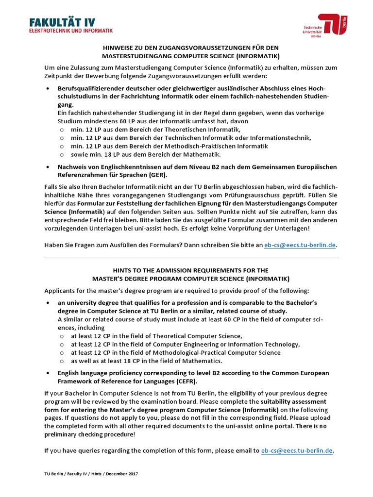 Admission Requirements Suitability Assessment Form M.sc. Computer Science