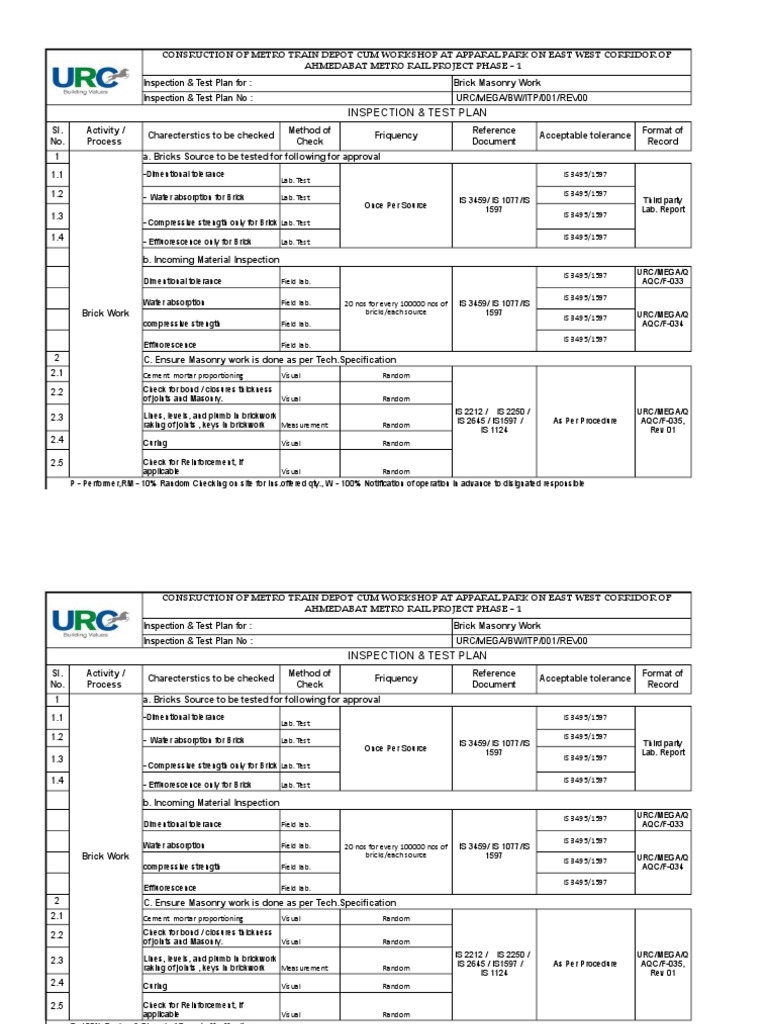 Brick Masonry Work Inspection Plan | PDF | Masonry | Brick