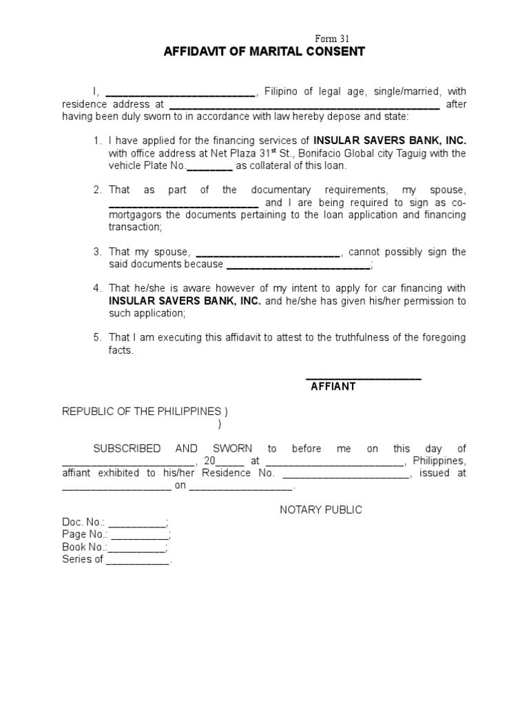 Affidavit of Marital Consent Affidavit Social Institutions