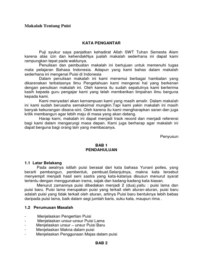 Contoh Kata Pengantar Makalah Puisi Lama KT Puisi