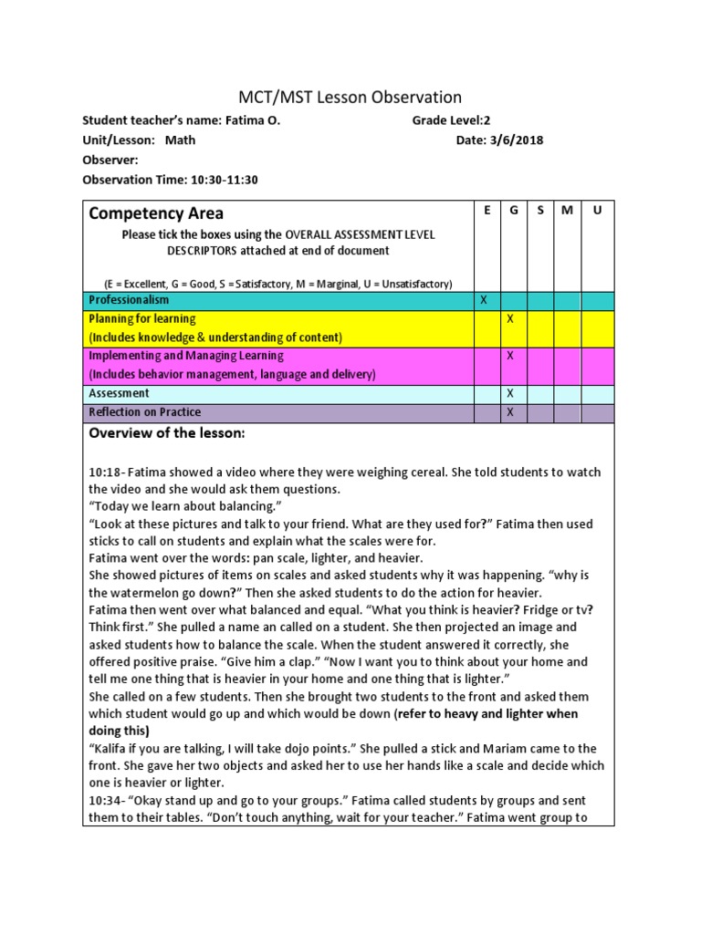 Fatima O.'s Math Lesson Observation | PDF | Educational Assessment ...