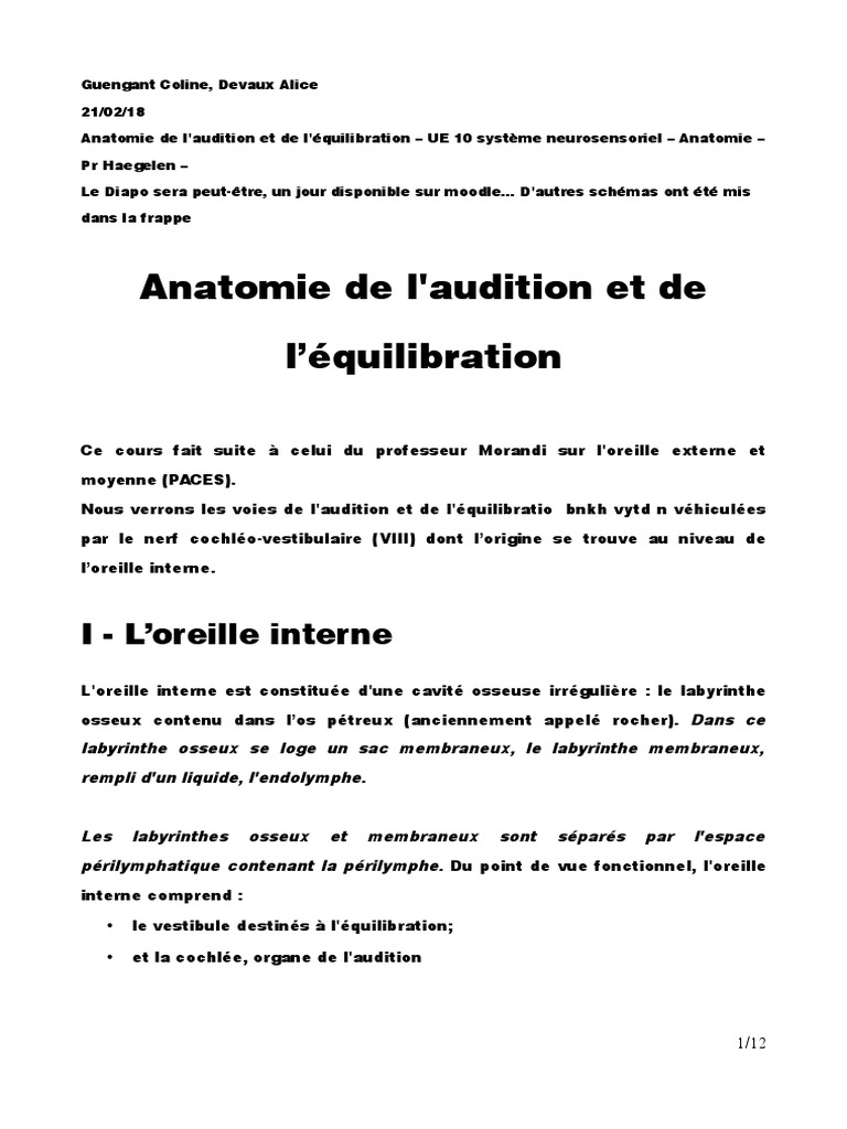 Anatomie de l'oreille interne et audition | PDF | Système vestibulaire ...