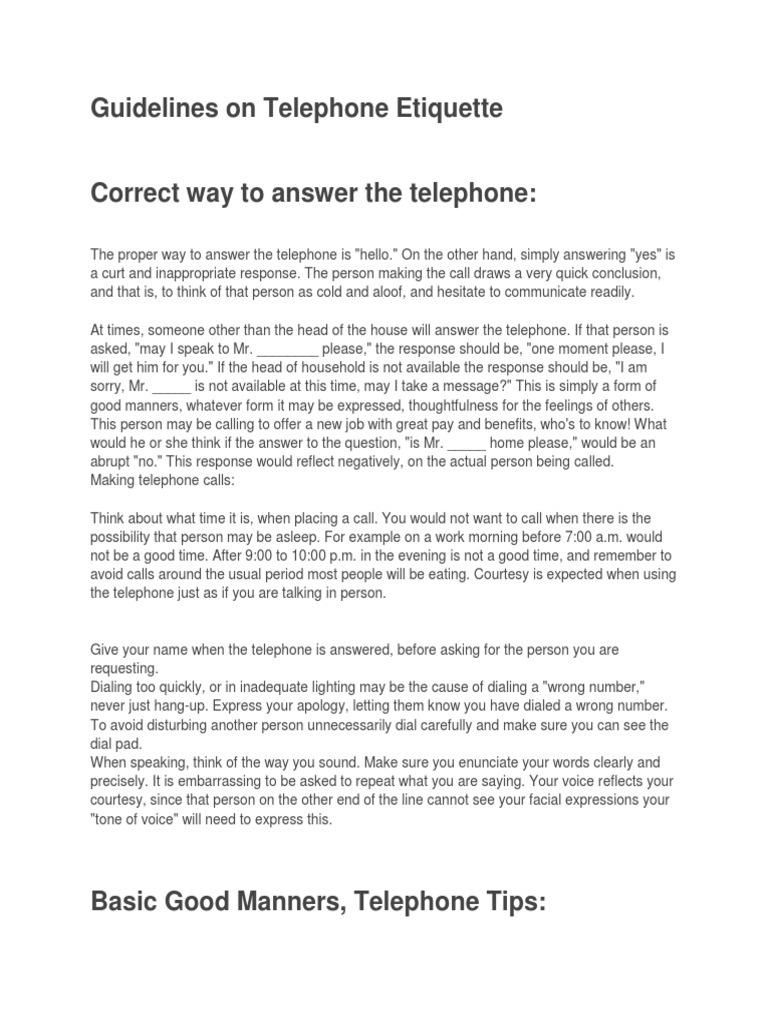 Guidelines On Telephone Etiquette Offline Read and Practice Test PDF