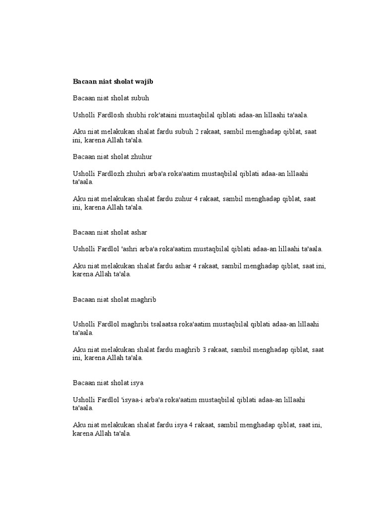 Bacaan Niat Sholat Wajib