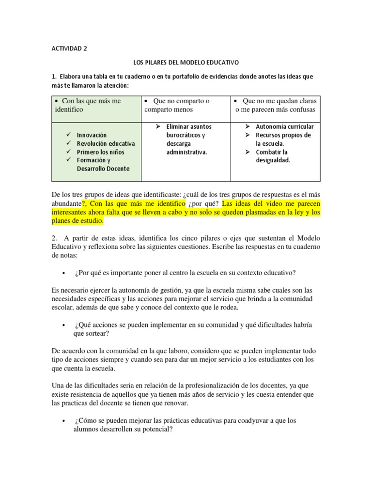 Actividad 2 Pilares Del Modelo Educativo | PDF | Maestros | Plan de estudios