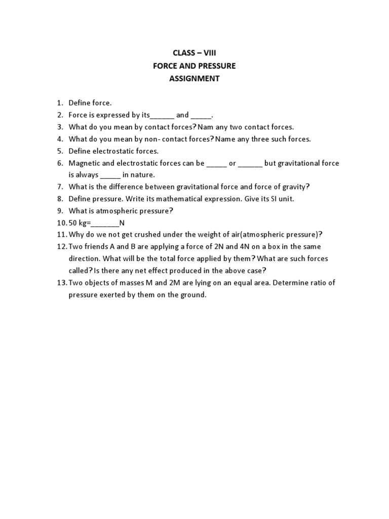 Force and Pressure Assignment for Class VIII | PDF