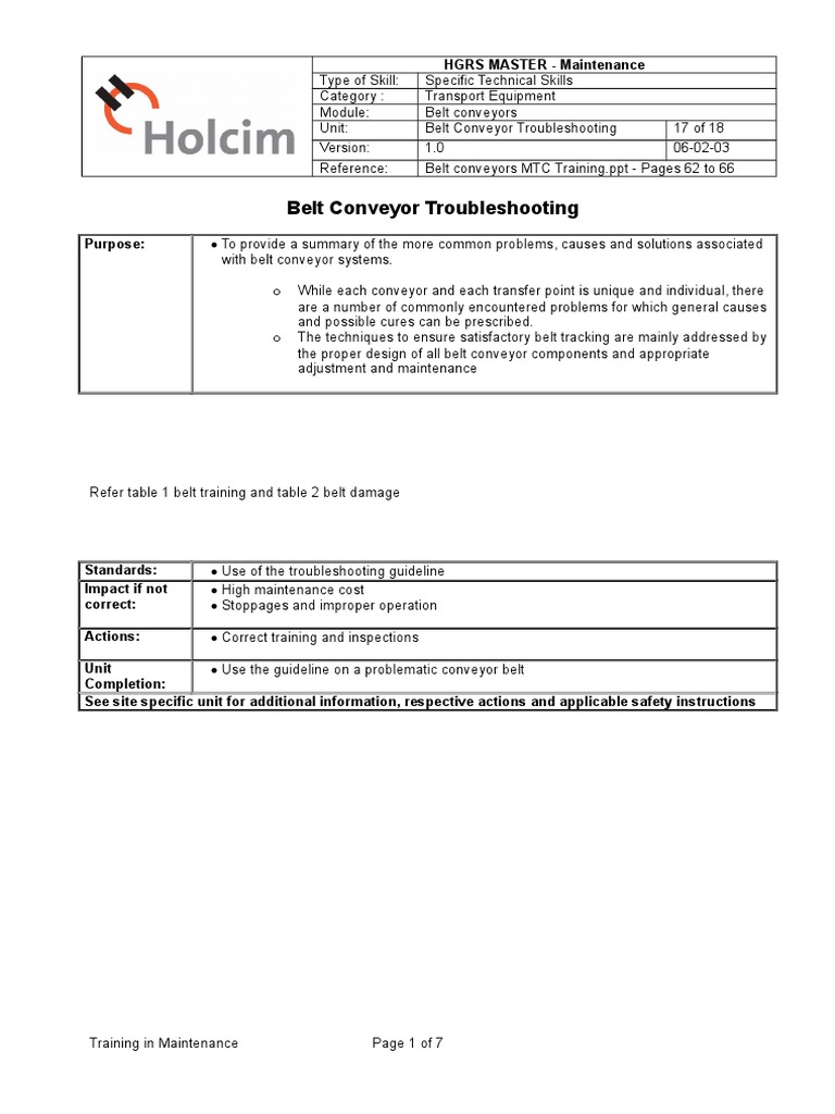 Belt Conveyor Troubleshooting HGRS MASTER Maintenance PDF Belt