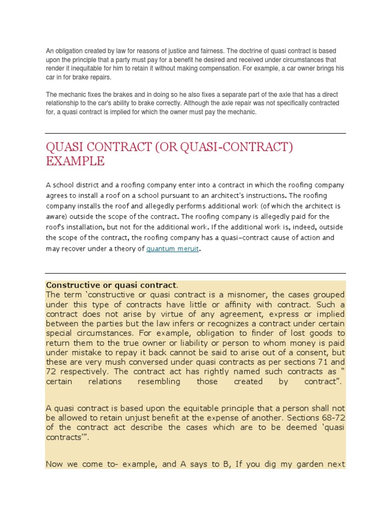 Quasi Contract (Or QuasiContract) Example PDF Common Law Justice