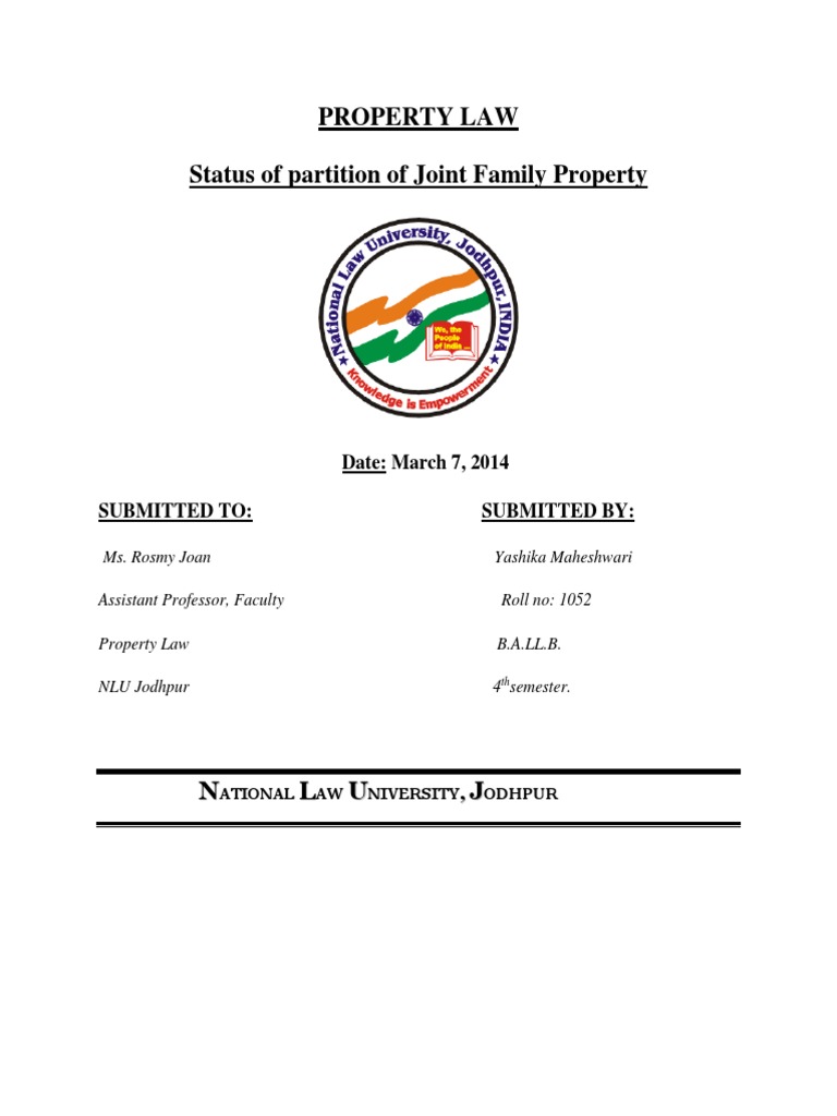 Property Law Status of Partition of Joint Family Property N L U J