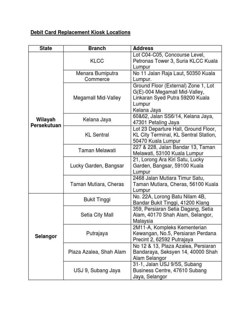 Debit Card Replacement Kiosk Locations v2 | PDF | Malaysia | Southeast Asia