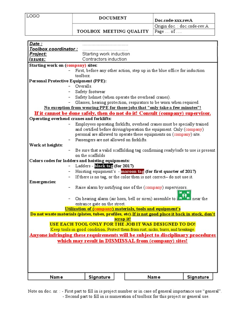 Toolbox Meeting Quality Guidelines | PDF | Personal Protective ...