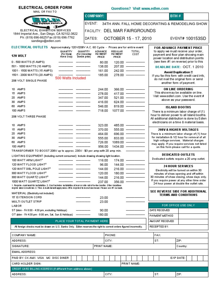 Edlen Electric Order Form | PDF | Fee | Electrical Wiring