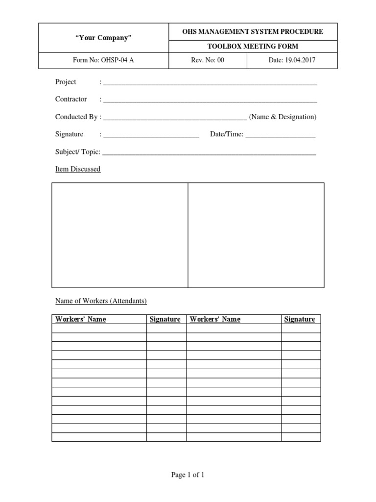 Toolbox Meeting Report Template PDF