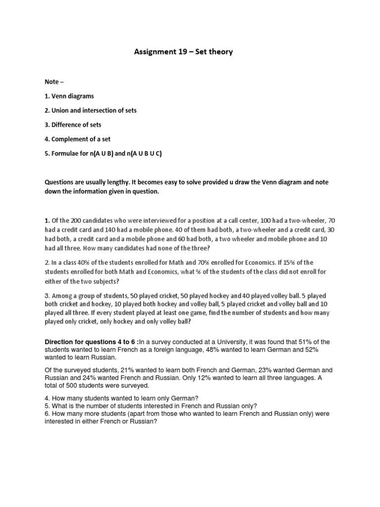 Set Theory Assignment with Venn Diagrams | PDF | French Language ...
