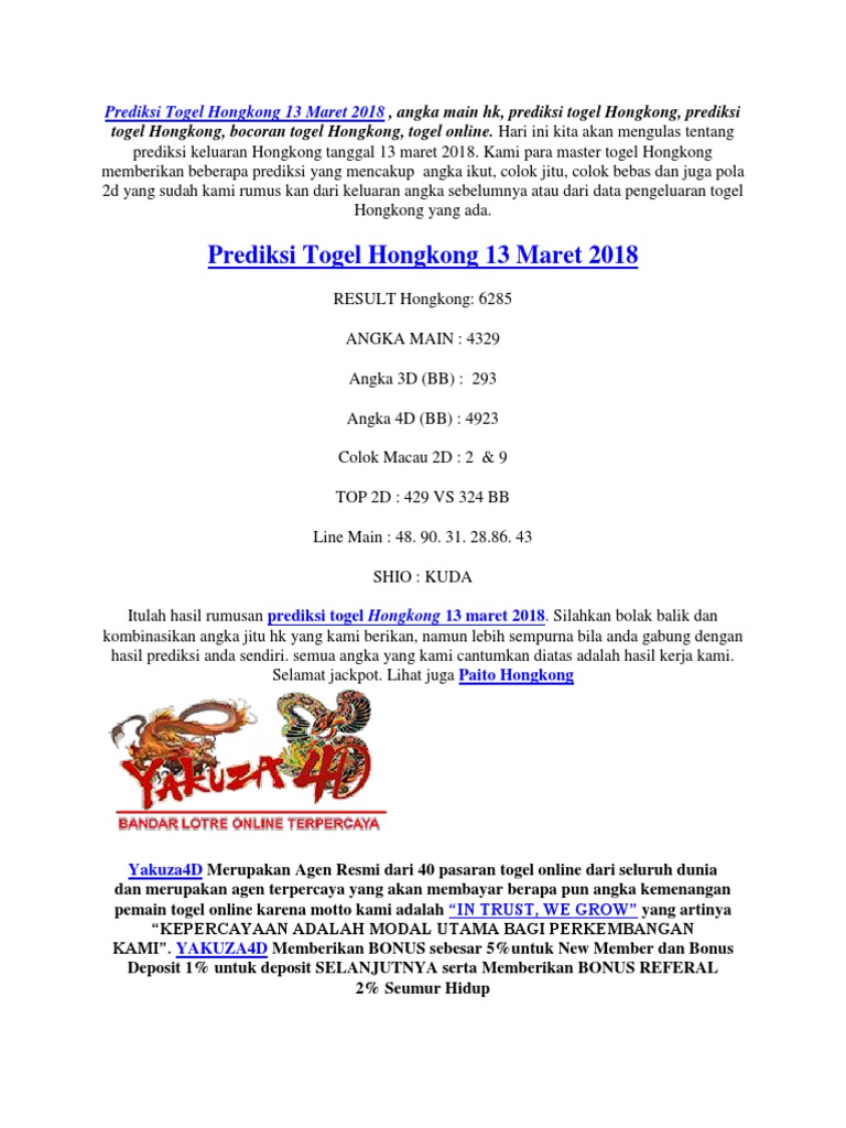 Prediksi Togel Hongkong 13 Maret 2018 Yakuzalotto