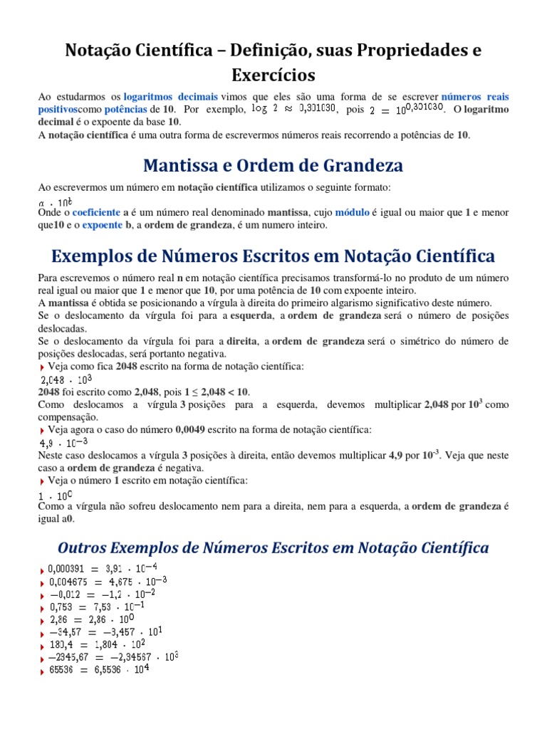 Notação Científica - Definição, Suas Propriedades e Exercícios, PDF, Exponenciação