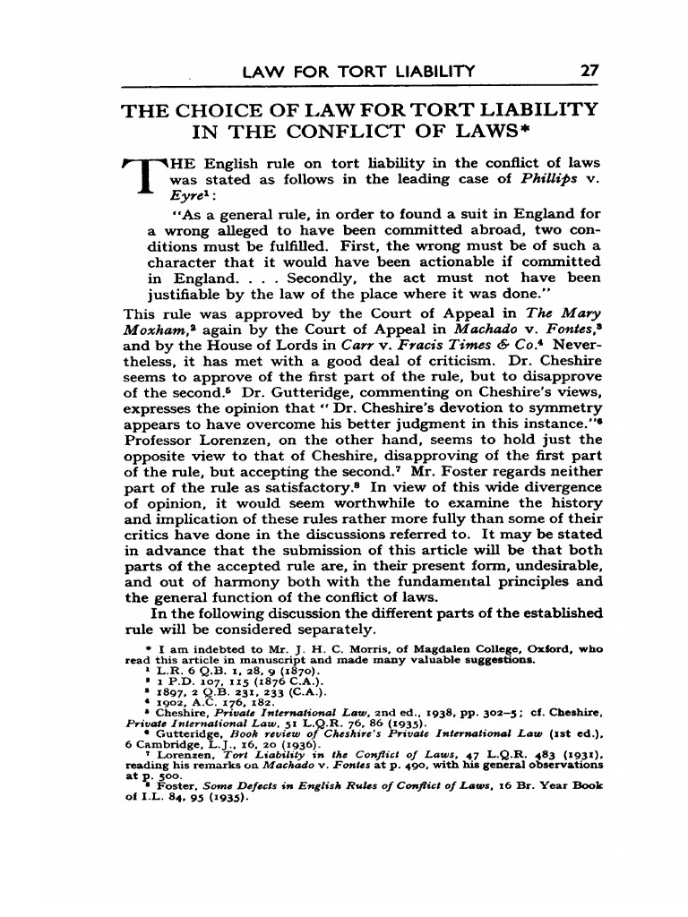 Tort Liability and Conflict of Laws | PDF | Tort | Choice Of Law