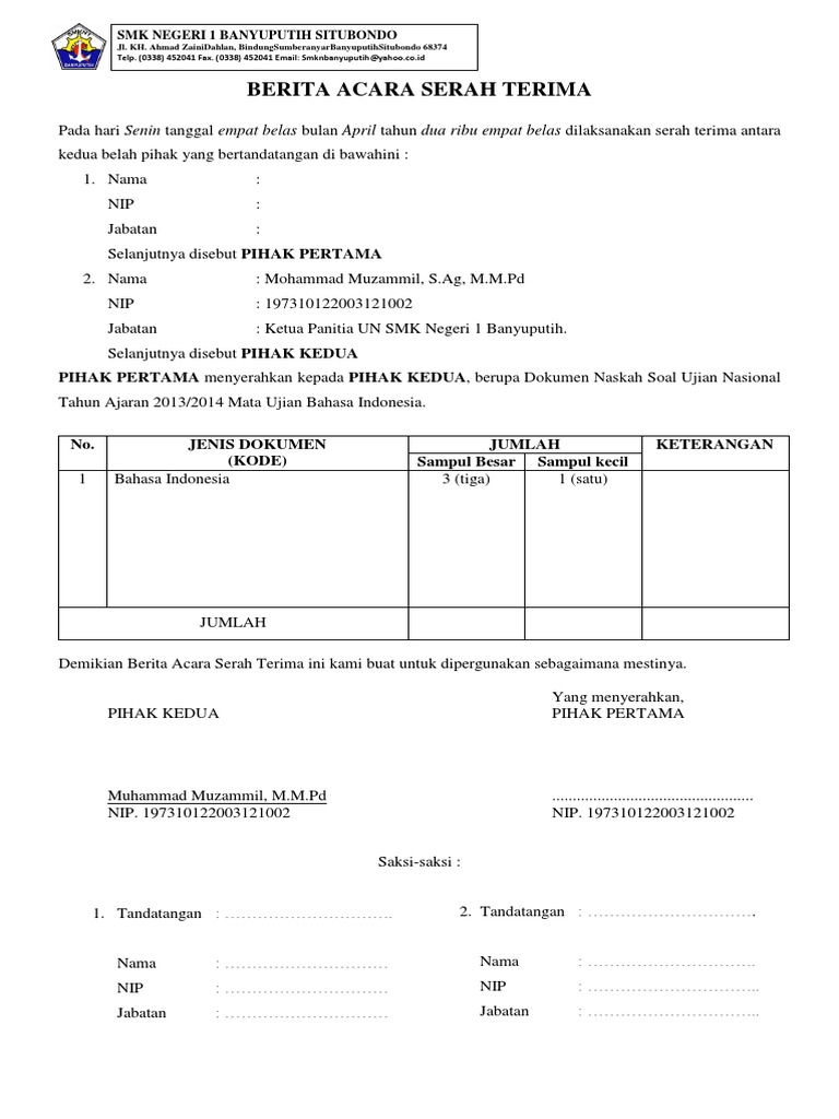 Berita Acara Serah Terima Soal