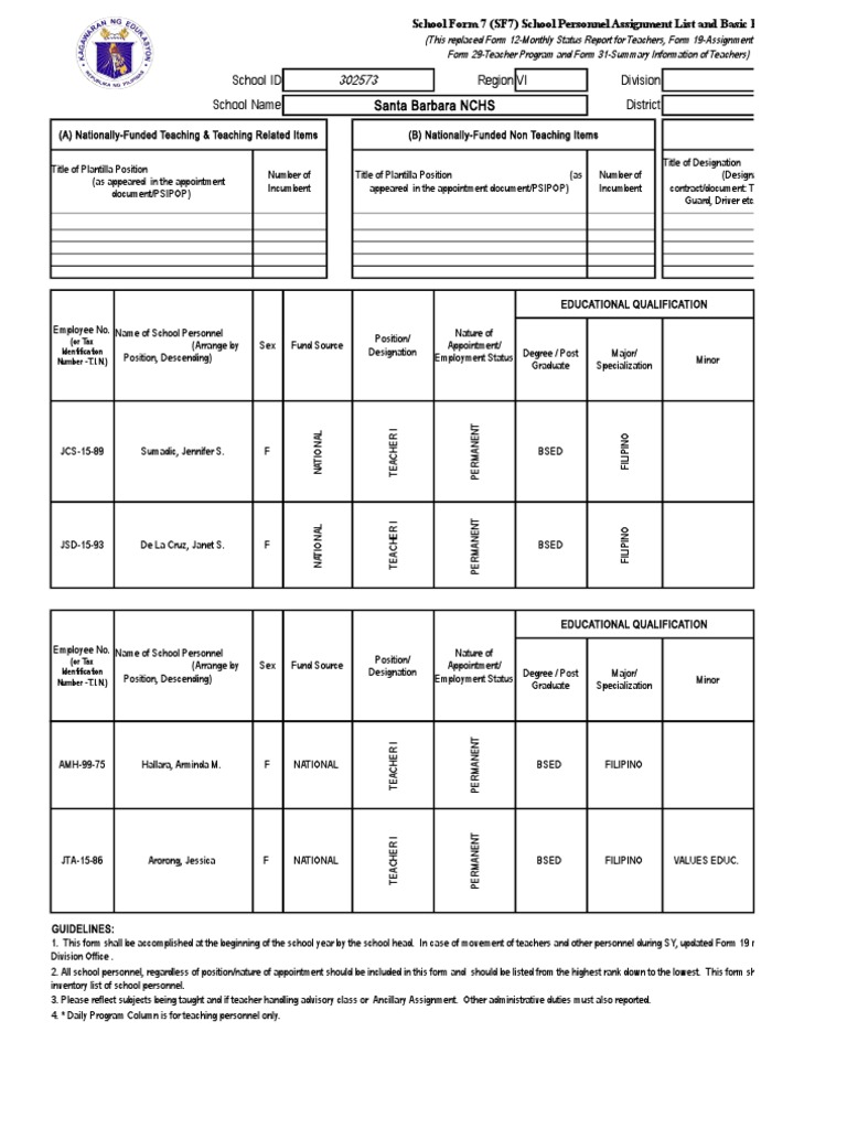 SF7 School Personnel Assignment List | PDF | Security Guard | Identity ...
