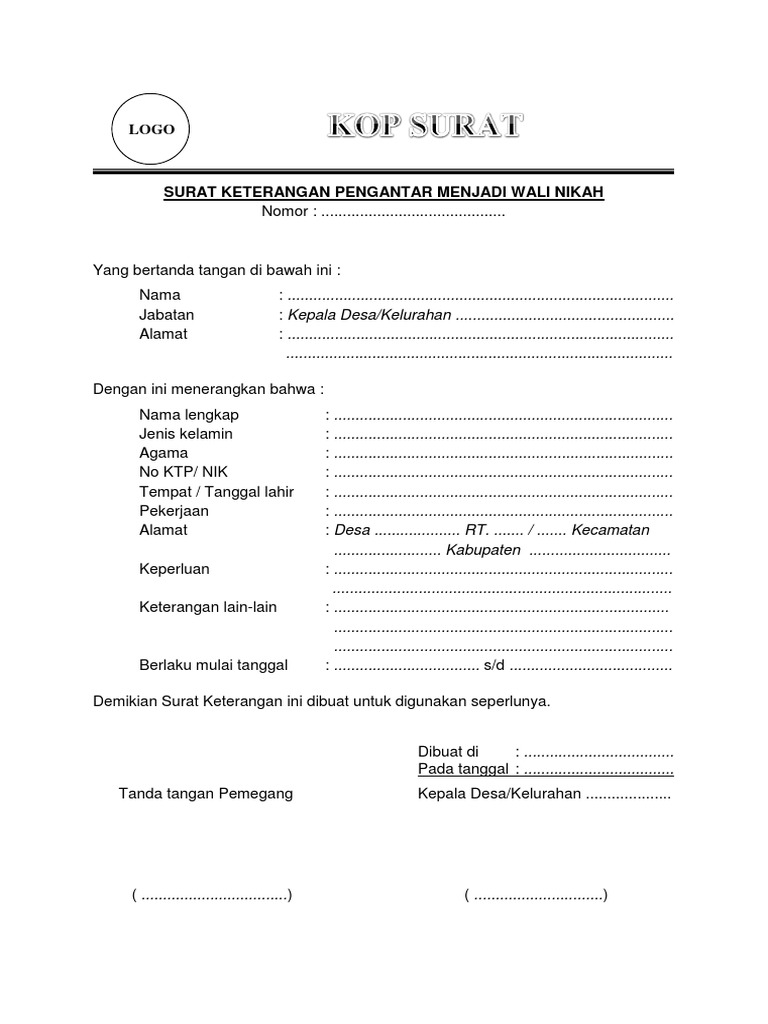 Surat Keterangan Pengantar Menjadi Wali Nikah