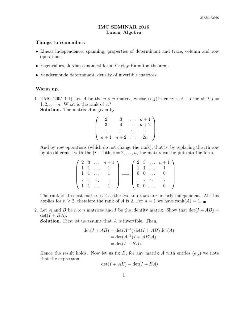 Linear Algebra Seminar Notes 2016 | PDF | Determinant | Matrix ...