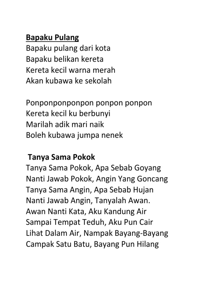 Bapaku Pulang Dari Kota Lirik