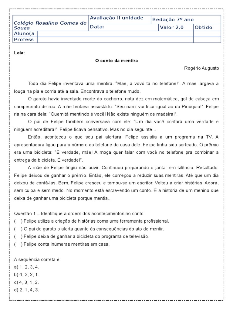 Interpretação de Texto O Conto Da Mentira 6º Ano Word | PDF | Contos ...