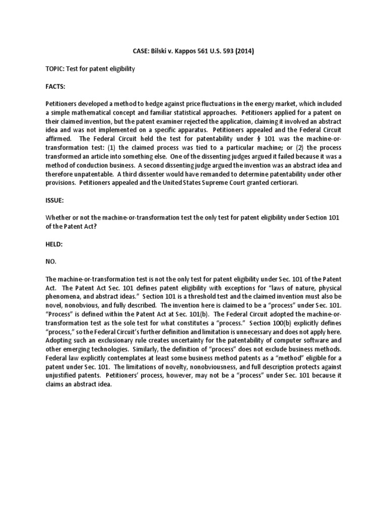 IPL Patent Bilski V Kappos PDF Patent Civil Law Law)