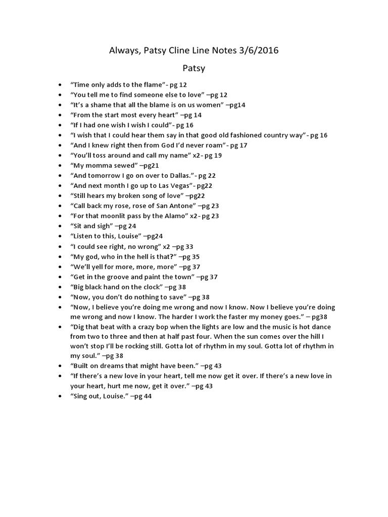 Always, Patsy Cline Line Notes 3/6/2016 Patsy | PDF | Poetry