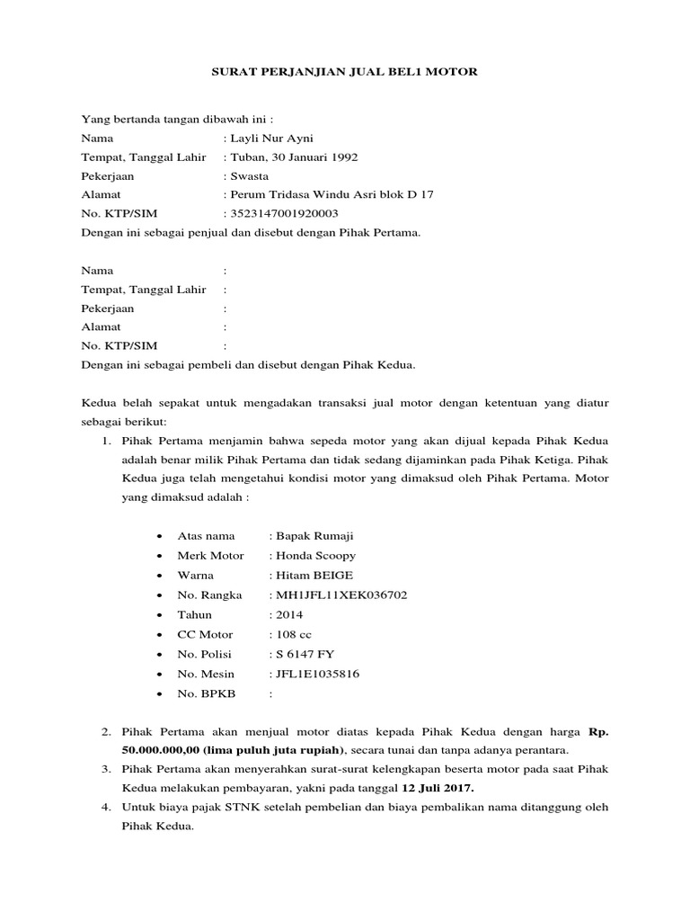 Surat Perjanjian Jual Bel1 Motor Pdf