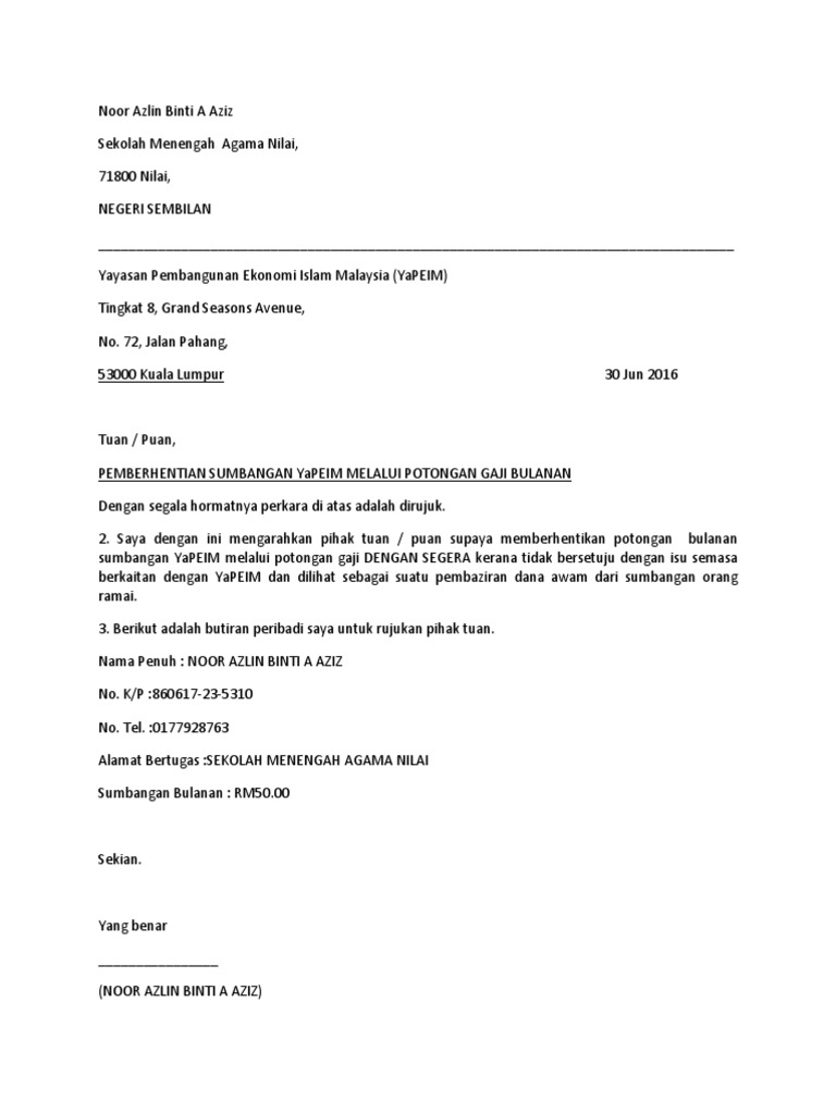 Contoh Surat Berhenti Pemotongan Gaji Yapeim