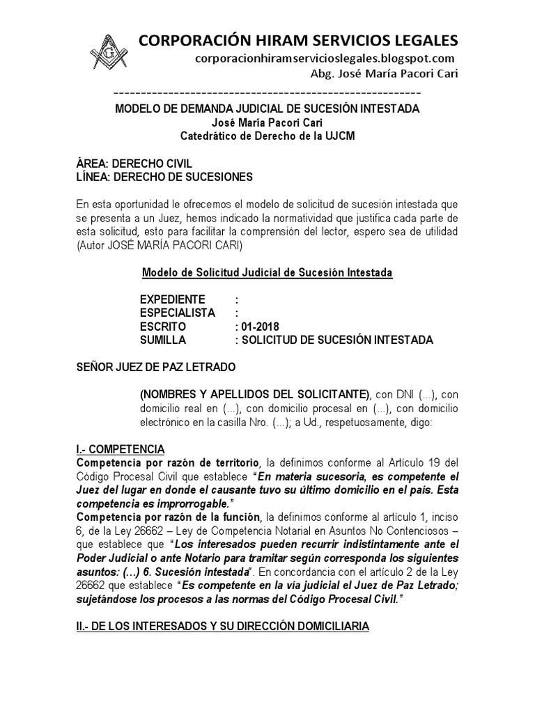 Modelo de Demanda Judicial de Sucesión Intestada - Autor José María Pacori  Cari | PDF | Herencia | Voluntad y testamento