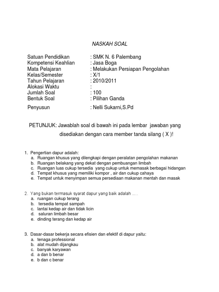 Contoh Soal Tata Boga