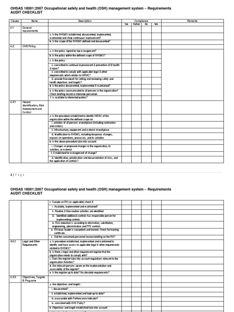 OHSAS Internal Audit Checklist | Occupational Safety And Health ...