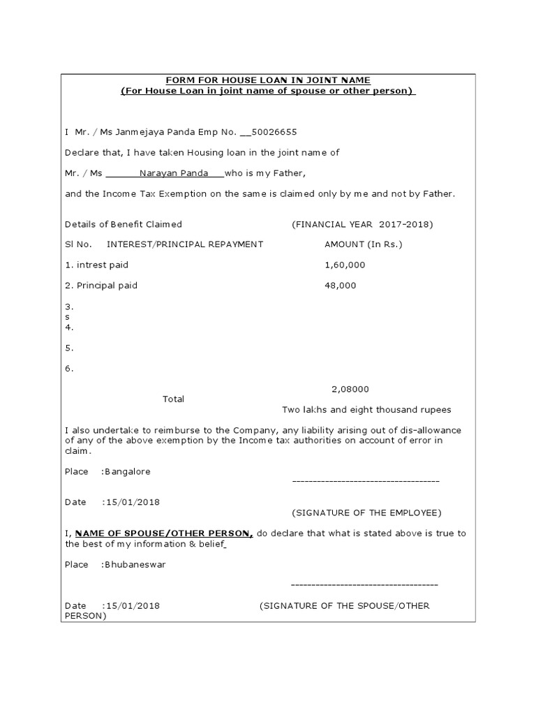 H Form For House Loan in Joint Name PDF