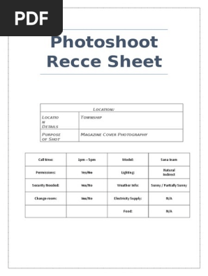 Photoshoot Recce Sheet