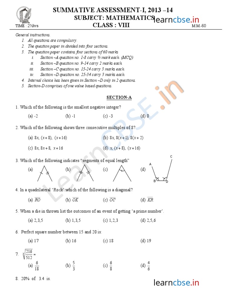 Cbse Class 8 Mathematics Sample Paper Sa1 2014 PDF PDF Equations