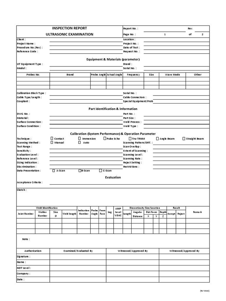 Inspection Report Ultrasonic Examination Nondestructive Testing Welding
