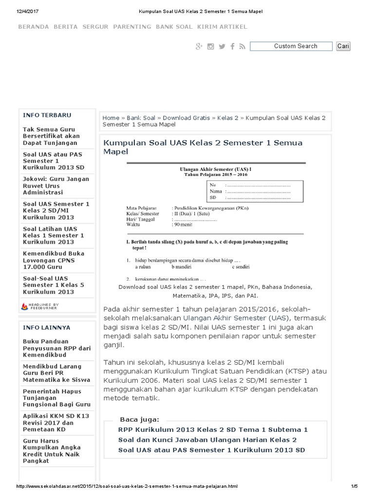 Kumpulan Soal Uas Kelas 2 Semester 1 Semua Mapel Pdf