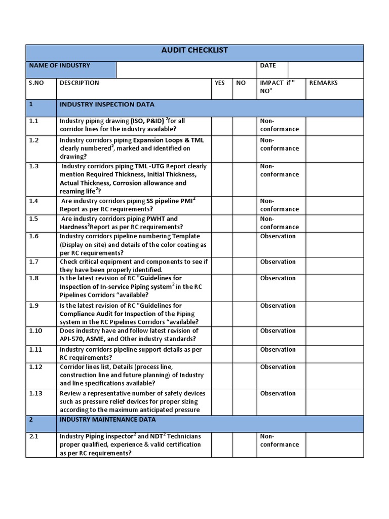 Audit Checklist | Pipeline Transport | Audit