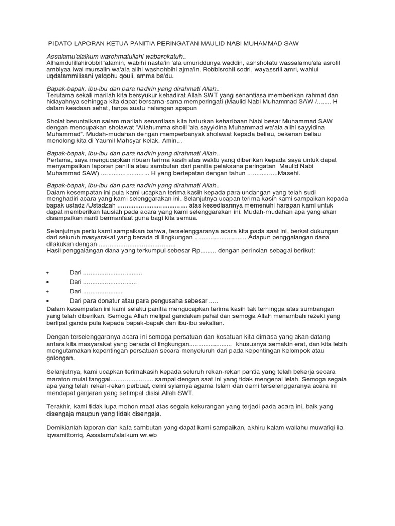 Pidato Laporan Ketua Panitia Peringatan Maulid Nabi Muhammad Saw