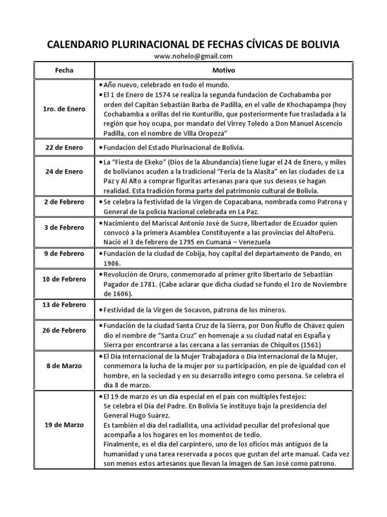 Calendario Plurinacional de Fechas Cívicas de Bolivia Bolivia