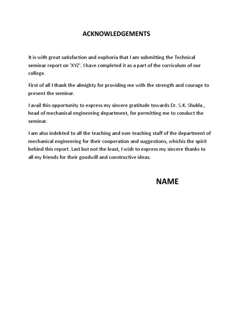 Acknowledgements for Seminar Report | PDF