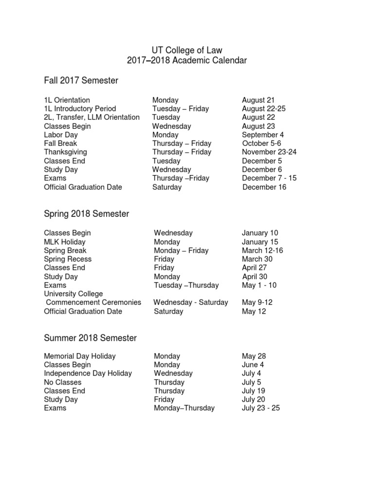 UT College of Law 2017 2018 Academic Calendar Fall 2017 Semester PDF