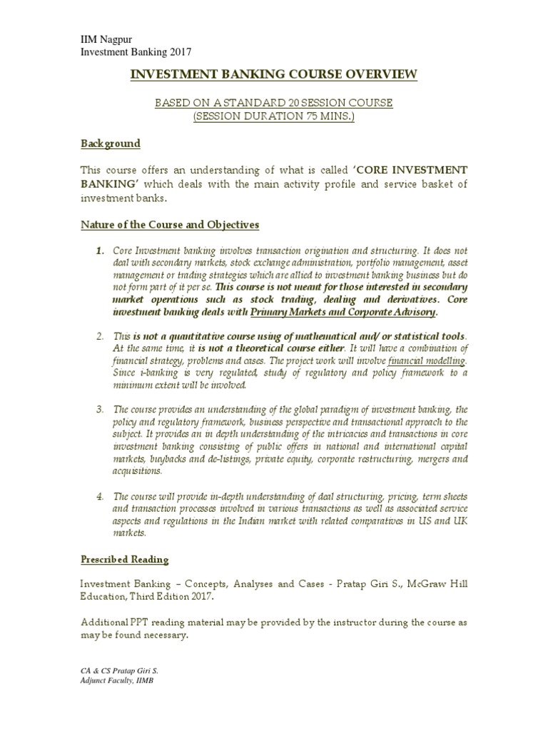 Investment Banking Course Outline PDF Investment Banking Investing