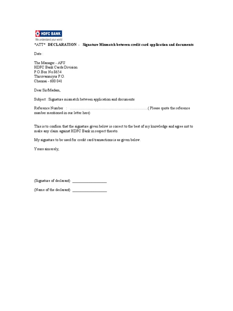 Signature Mismatch Declaration for HDFC | PDF