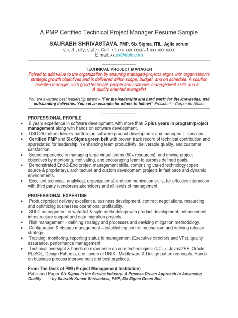 pmp certified project manager resume sample