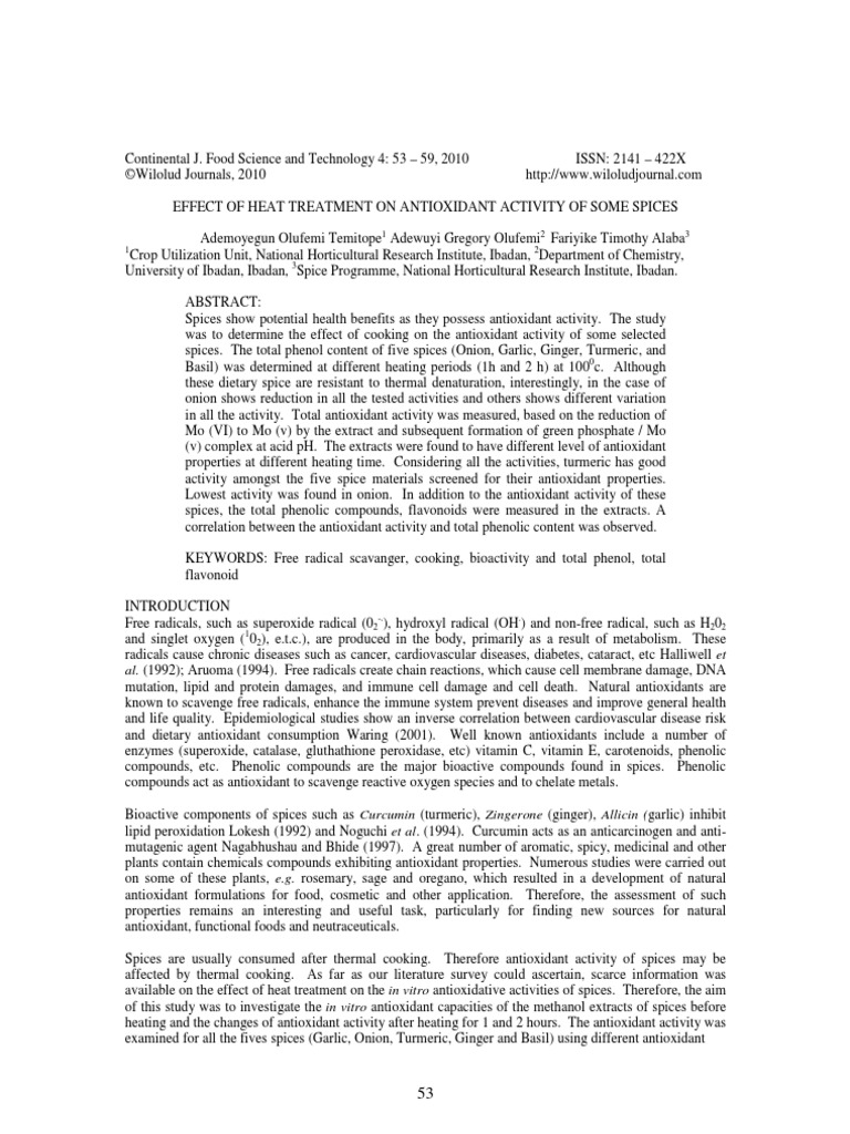 Effect of Heat Treatment On Antioxidant Activity of Some Spices | PDF ...