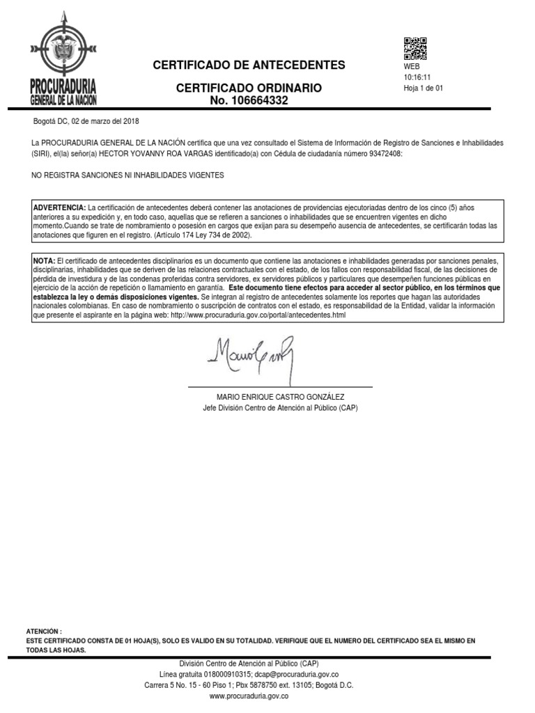 Certificado De Antecedentes Certificado Ordinario No